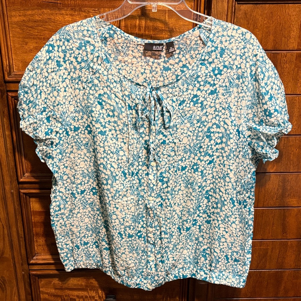 a.n.a Teal and Ivory Floral Button Down Blouse